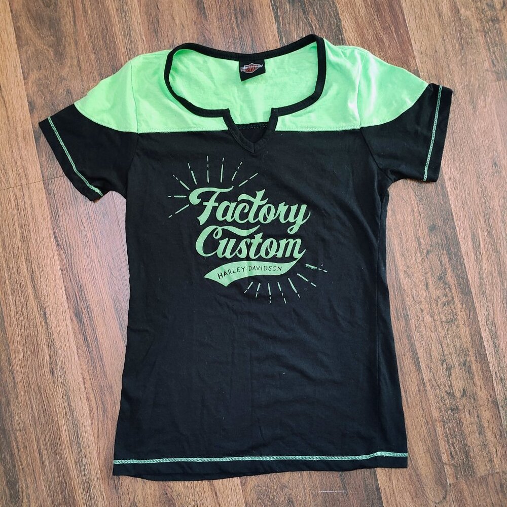Harley Davidson Black & Green Baby Doll T-shirt, Sedalia, MO, Size S